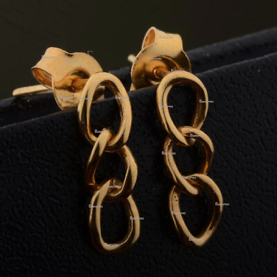 #ad Curb Chain 3 Link Dangling Drop Mini Studs Cool Earrings in Solid14k Yellow Gold $308.75