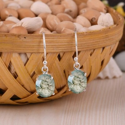 #ad Unique Oval Shaped Natural Moss Agate Earrings in 925 Sterling Silver WomenGift $35.99