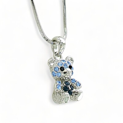 #ad Teddy Bear Necklace Made With Swarovski Crystal Blue Pendant Chain Jewelry $29.00
