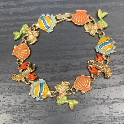 #ad Vintage Beach Lover Bracelet 7.5” Mermaid Shell Fish Lobster Links ￼ $14.50