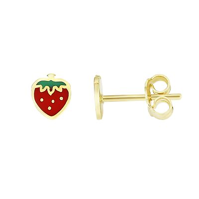 #ad 14K Yellow Gold Enamel Strawberry Stud Earrings Fine Jewelry $169.99