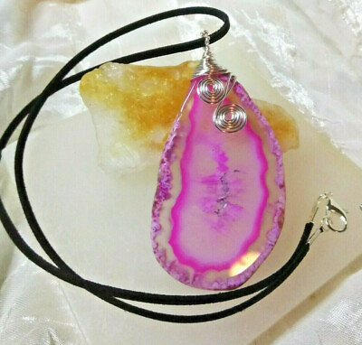 #ad EX Large Geode Pendant Necklace Natural Stone Pink Slice of Geode Easter $26.00