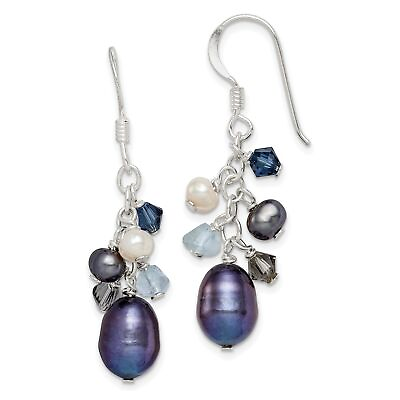 #ad Sterling Silver Blue and Black Crystal White Freshwater Pearl Dangle Earrings $50.99