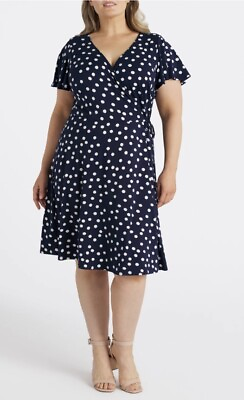 #ad FORTUNE IVY Dress Roanne Faux Wrap Polka Dot Plus Sz 2X Spring Romantic Blue $29.98