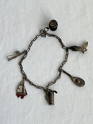 #ad Antique Vintage Charm Bracelet Fly Fishing Tennis Racket Sail Boat Golf SEAGRAMS $15.00