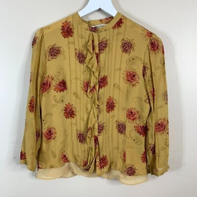#ad Laura Ashley Top Womens 8 Yellow Silk Snap Front Ruffle Pin Tuck Flower Paisley $18.95