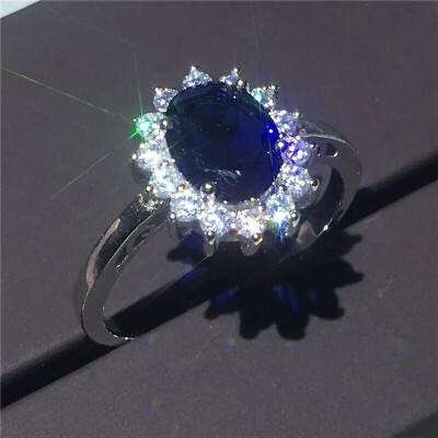 #ad Elegant Silver Inlaid Blue Zirconia Ring Bridal Engagement Wedding Jewelry $7.89