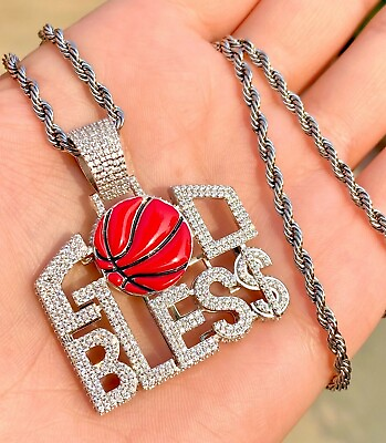 #ad God Bless Red Basketball Hoop Pendant Charm Men#x27;s Women Icy Silver Rope Chain $25.99