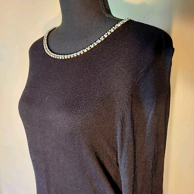 #ad Womens Black Sweater Rhinestone Embellish Long Sleeve MEDIUM Zip Back Verve Ami $12.00