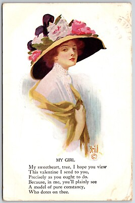 #ad quot;MY GIRLquot; PRETTY VICTORIAN WOMAN floral hat ANTIQUE ART POEM POSTCARD by BRILL $5.52