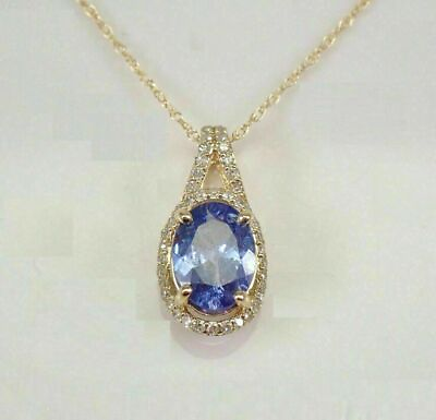 #ad 2Ct Oval Cut Blue Tanzanite Diamond Halo Pendant Necklace 14K Yellow Gold Finish $63.00