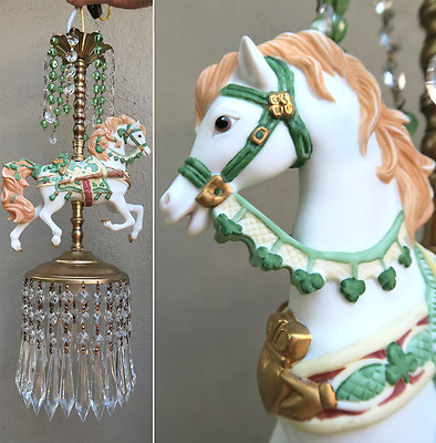 #ad White Irish Porcelain Horse Carousel Lamp SWAG Chandelier Vintage Beads Crystal $299.00
