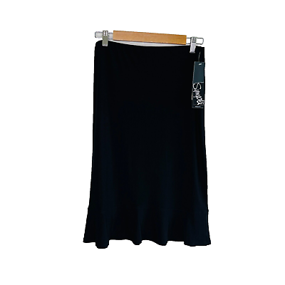 #ad NEW $104 Sympli Pull On Midi Skirt Size 8 Black Flared Peplum Stretch Pull On $54.99