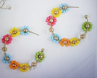 #ad Hoop Earrings Beaded Cuff Hoop Flower Fashion Earrings $4.25
