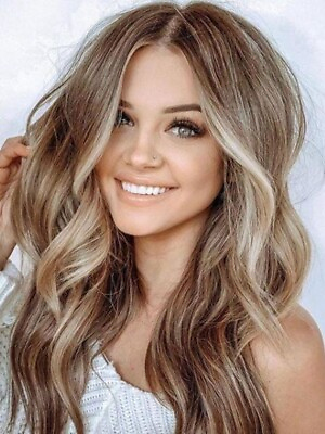 #ad 100% Human Hair New Women#x27;s Long Natural Blond Brown Mix Wavy Full Wig 24 Inch $35.98