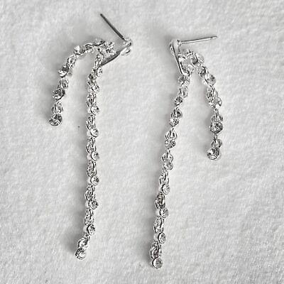#ad Silver Tone Dangle Drop Earrings Double Cable Chains With Clear Rhinestones $12.00