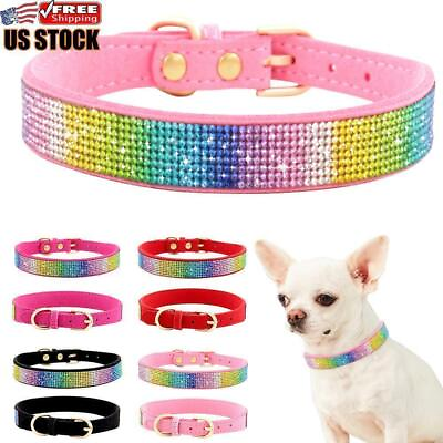 #ad US Suede Leather Rhinestone Diamante Dog Collar Soft Bling Cat Puppy Small Pet $8.29