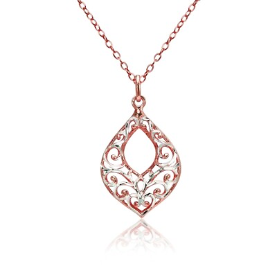 #ad Rose Gold Tone over Silver Two Tone Diamond cut Filigree Open Teardrop Necklace $18.19