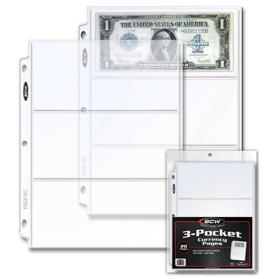 #ad 20 Clear Album Pages 3 Pockets Currency Banknotes Bills PVC FREE For Binders bcw $10.38