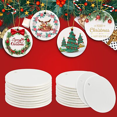 #ad 25PCS 2.75 Inch Round Sublimation Ceramic Ornaments with Gold String $29.99