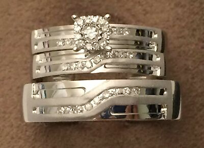 #ad 1Ct 925 Sterling Silver Real Moissanite Bridal Wedding Trio Ring Set $110.49
