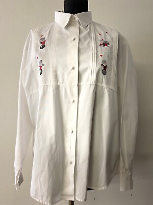 #ad Vintage 80#x27;s Women#x27;s Button Down Shirt White Embroidered Pleated Bid Front $47.66