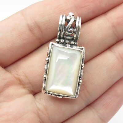 #ad 925 Sterling Silver Vintage Real Mother of Pearl Ornate Rectangle Pendant $63.99