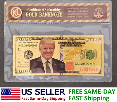 #ad 1Pc President Donald Trump Colorized $5000 Bill Gold Foil Banknote US w COA 🔥 $5.95