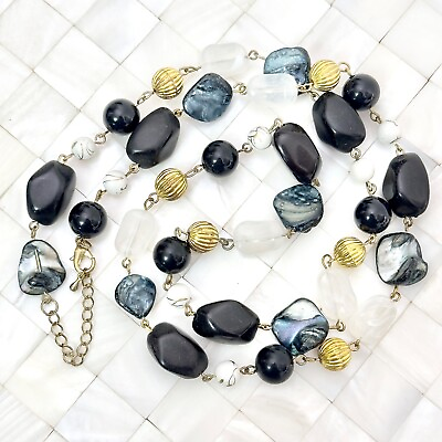#ad MOP amp; Plastic Beaded Necklace Blue Black amp; Gold Tone The Vintage Strand Lot#2201 $8.49