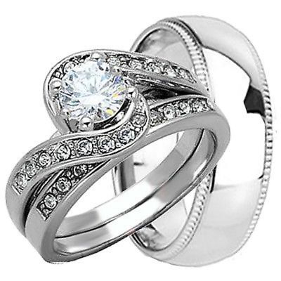 #ad His Her Mens and Woman CZs Wedding Ring Bands Trio Bridal Set in 925 Silver $140.25