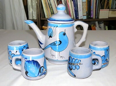 #ad Mexico Pottery Teapot and Four Cups Blue Birds $16.49