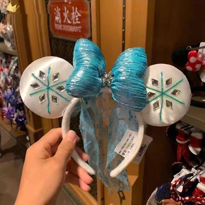 #ad Authentic Disney park Minnie Mouse ear headband white blue snowflake bow $15.27