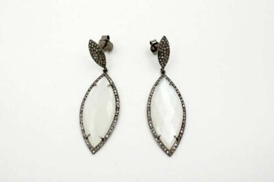 #ad Natural Pave Diamond Moonstone Earrings 925 Sterling Silver Fine Jewelry Gift $146.00