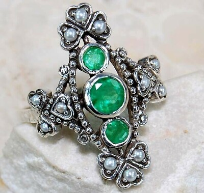 #ad Natural 1CT Emerald amp; Pearl 925 Solid Sterling Silver Filigree Ring Sz 6 FM6 $35.99