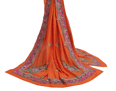 #ad Sushila Vintage Orange Heavy Dupatta Pure Chiffon Silk Hand Beaded Long Stole $134.99