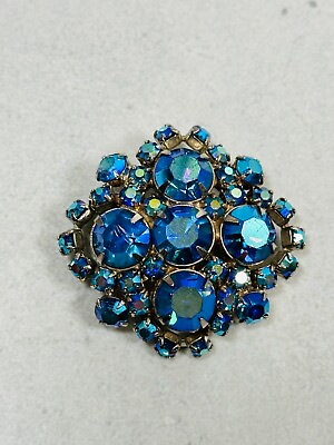 #ad VTG Brooch Blue Crystal Cluster Prong Set Silver Tone 1.75quot; Pin Estate Jewelry $14.95