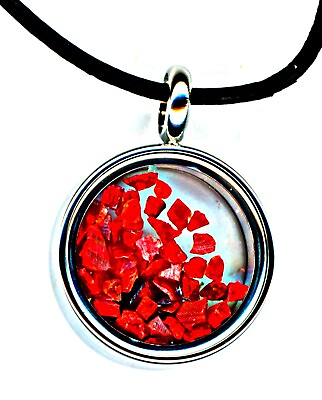 #ad FLOATING RED OPAL CHIPS in silver glass Pendant leather cord and silver chain AU $19.95