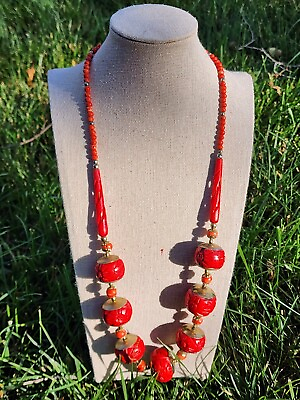 #ad Necklace Huge Carved Bead Faux Cinnabar W Brass Accent STATEMENT $29.99