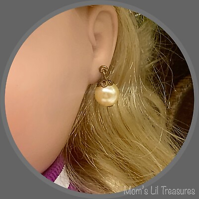#ad Pretty Pearl Drop Bronze Filigree Design Doll Earrings • 18 Inch Doll Jewelry $6.00