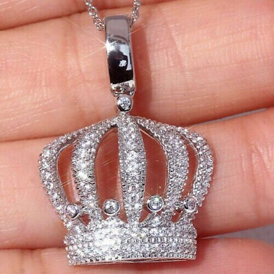 #ad Crown 925 Sterling Silver Round Simulated Diamond Pendant 18k White Gold Plated $149.99