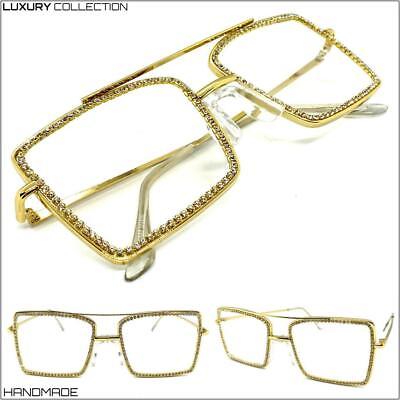 #ad Oversized Classy Elegant Clear Lens EYE GLASSES Square Gold Frame Rhinestones $16.99