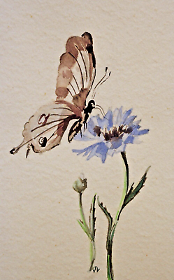 #ad original watercolor framed signed butterfly and flower on heavy paper vintage $51.50