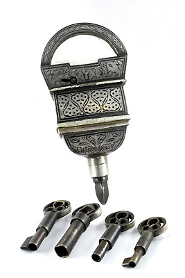 #ad Antique Collectible Inlay Silver Work Iron Tricky Four Keys Padlock. G2 429 $309.49