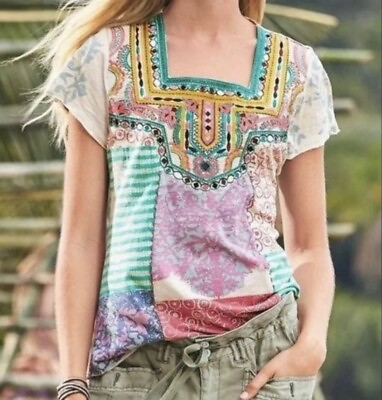 #ad R4 Sundance Catalog World Citizen Embroidered Top Baby Doll T Shirt Patchwork S $34.99