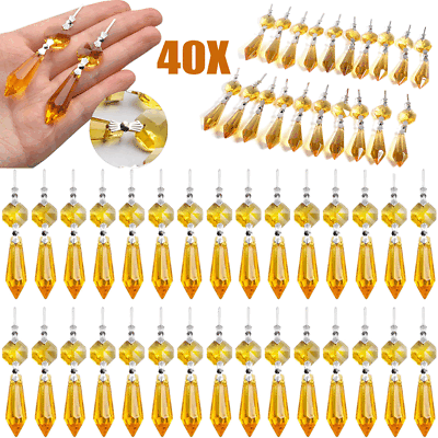 #ad #ad 40PCs Chandelier Lamp Clear Crystal Icicle Prisms Bead Hanging Yellow Pendants $19.99