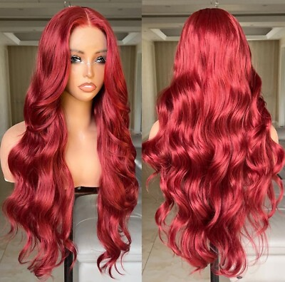 #ad Long Red Human Hair Blend Lace Front Wig Loose Curls Waves Heat Ok Women Red Wig $89.88