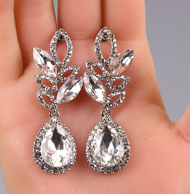 #ad 2.40quot; Silver clear Tear Drop Rhinestone Prom Lon Crystal Pageant Earrings $14.00
