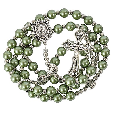 #ad Green Pearl Beads Rosary Catholic Necklace Miraculous Medal Cross Crucifix $23.20