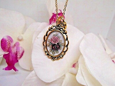 #ad ROSE Victorian Jewelry Necklace Pendant Anniversary Wedding Gold Pink BIRTHDAY $17.32