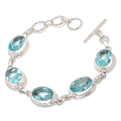 #ad Aquamarine Handmade 925 Sterling Silver Jewelry Bracelet Sz 7 8quot; $10.44